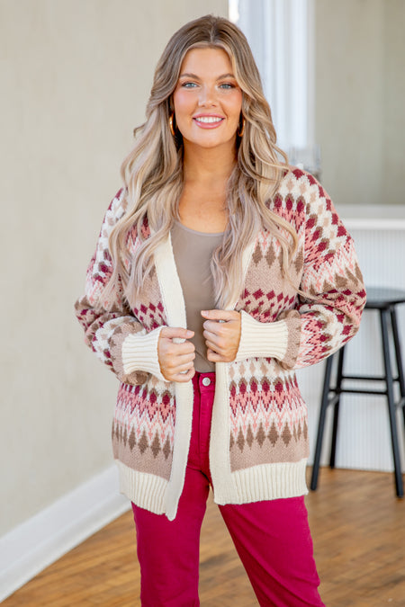 Cream and Berry Aztec Print Cardigan