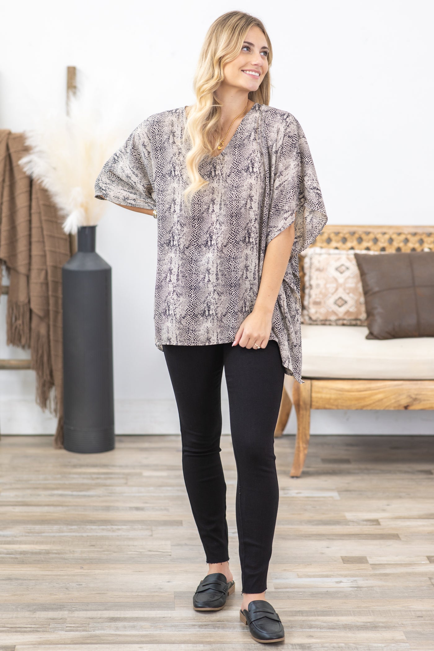 Taupe And Black Printed Oversized Top