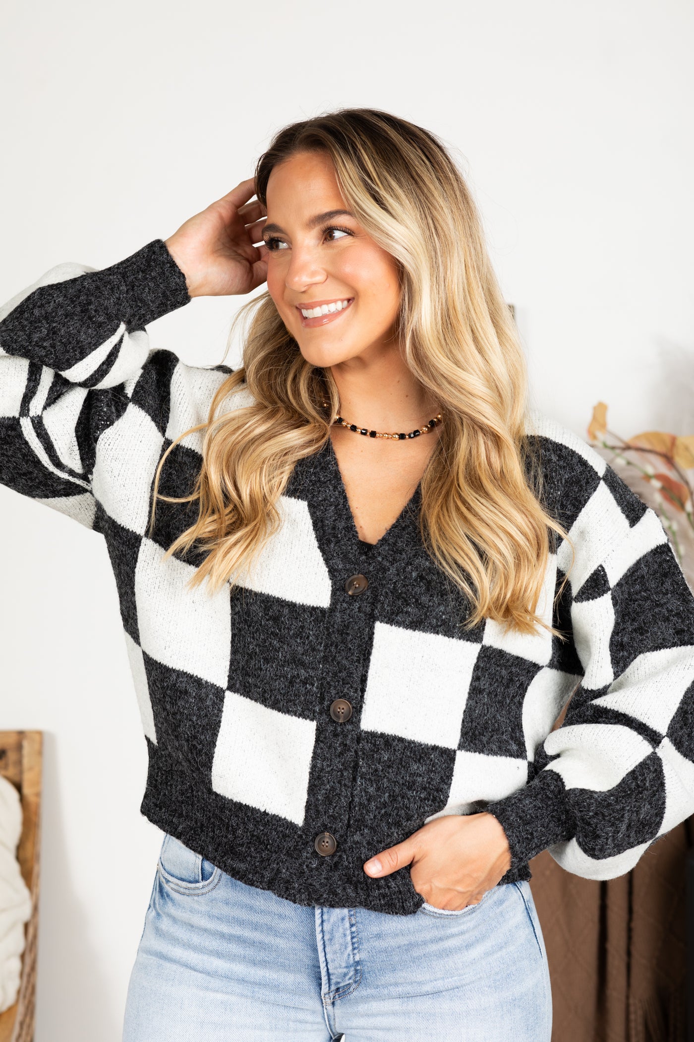 Heather Black Checkered Button Cardigan