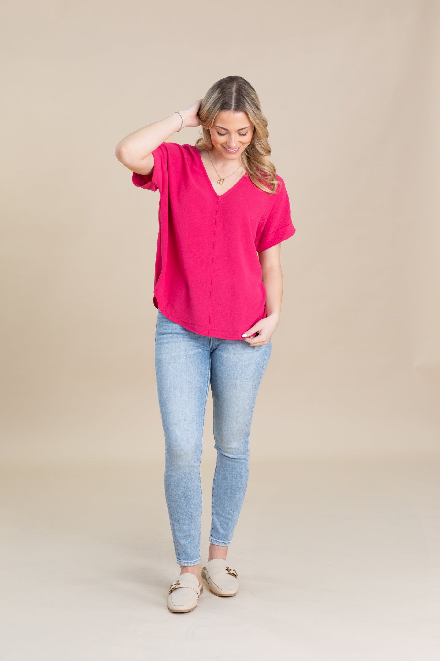 V-Neck Roll Up Woven Loose Fit Top