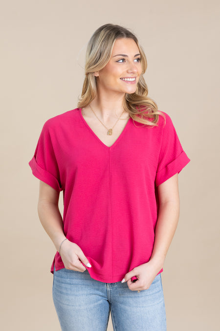 V-Neck Roll Up Woven Loose Fit Top