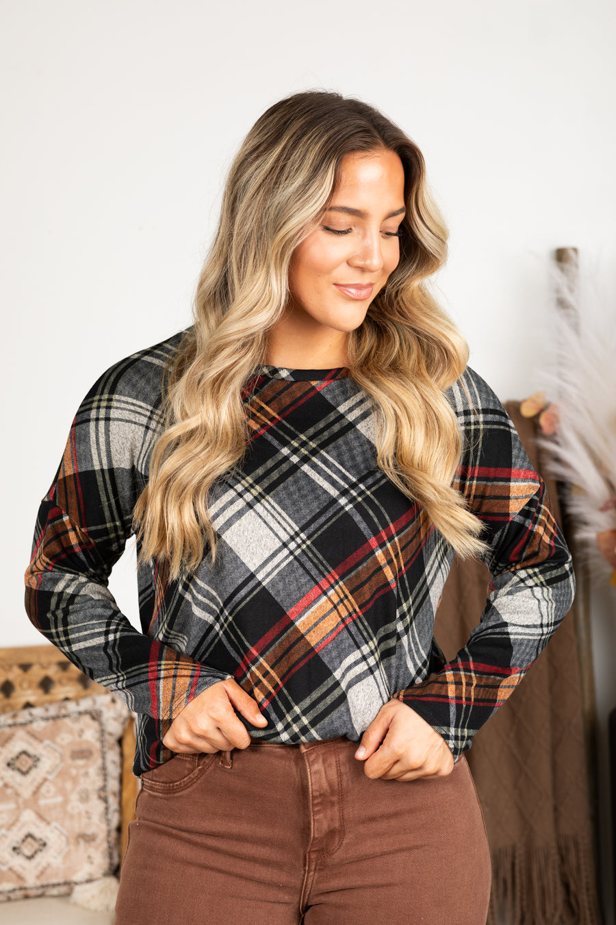 Black Plaid Long Sleeve Knit Top