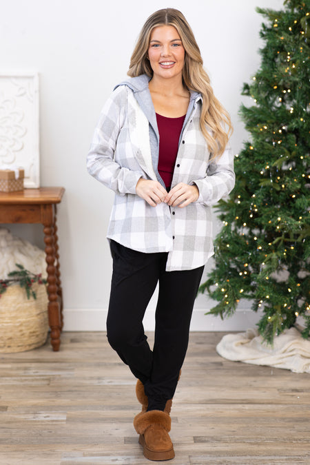 Grey and Off White Plaid Jacket With Hood