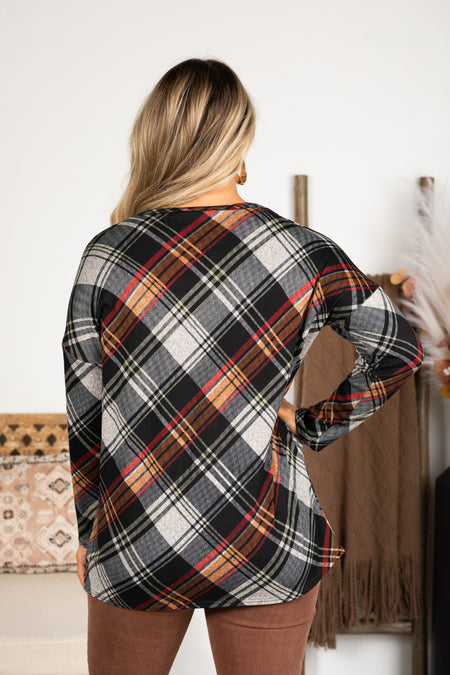 Black Plaid Long Sleeve Knit Top