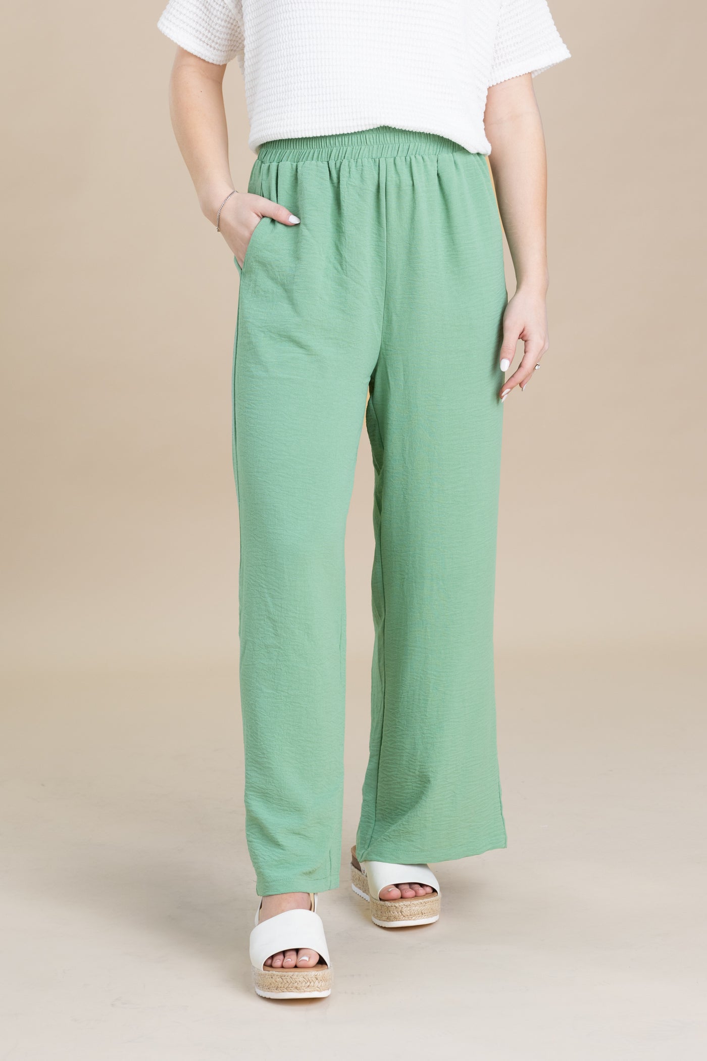 Elastic Waist Wide Leg Pants With Pockets