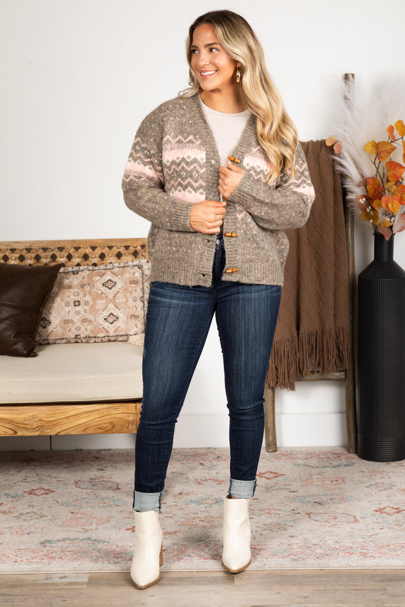 Grey and Blush Fair Isle Cardigan