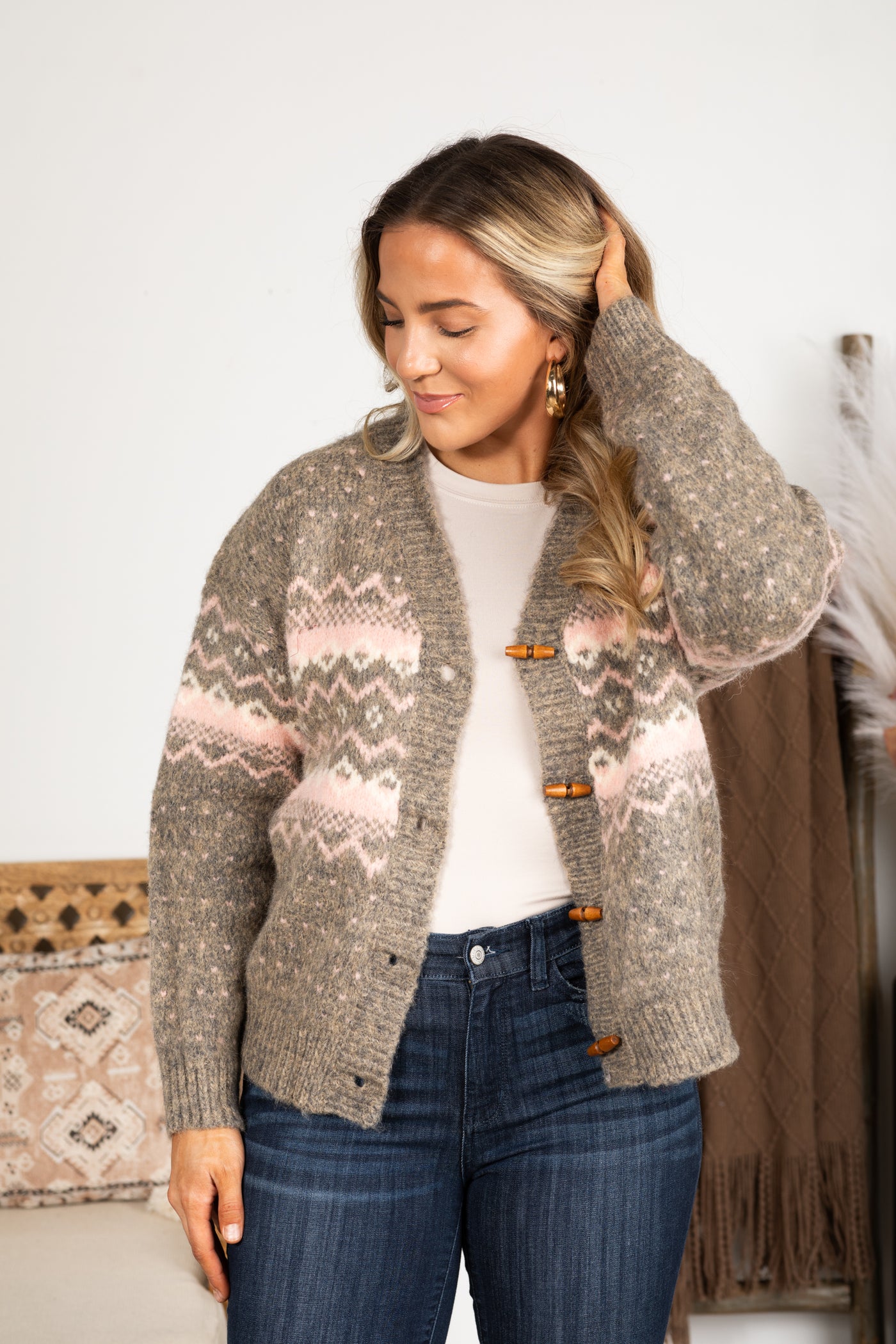 Grey and Blush Fair Isle Cardigan