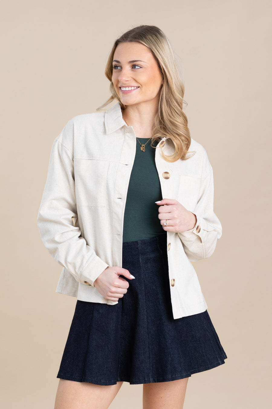 Beige Linen Front Pockets Jacket