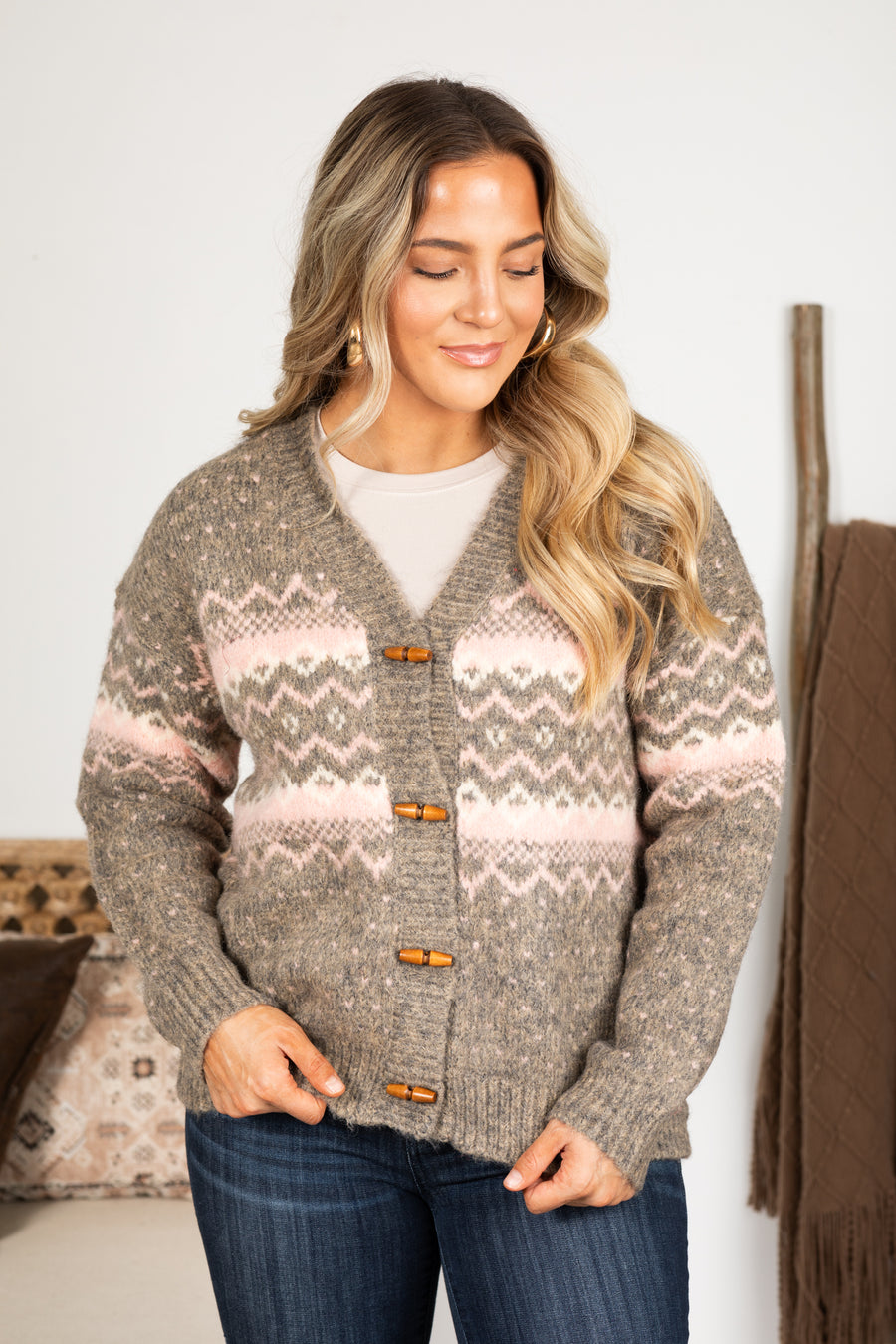 Grey and Blush Fair Isle Cardigan