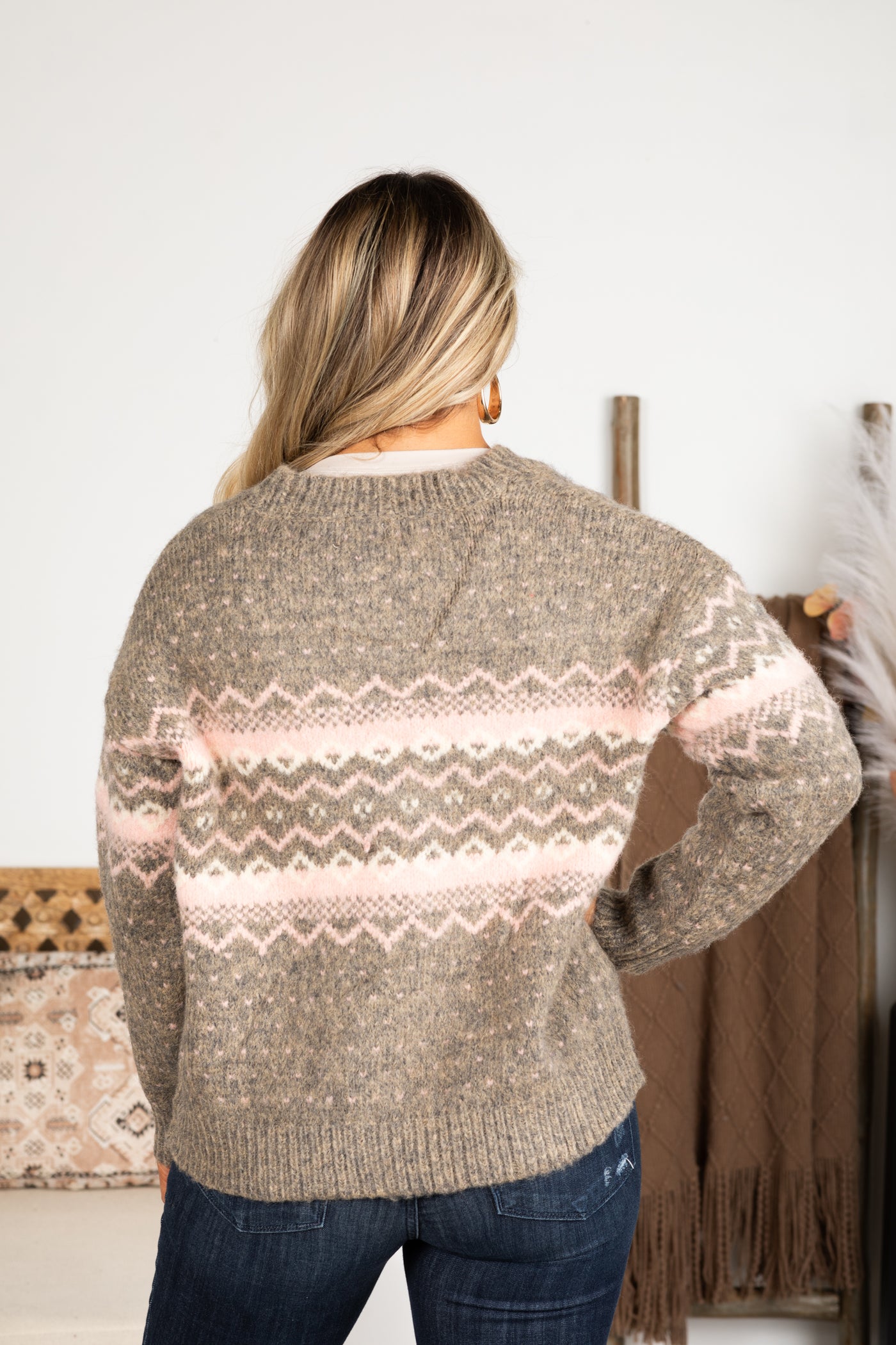 Grey and Blush Fair Isle Cardigan