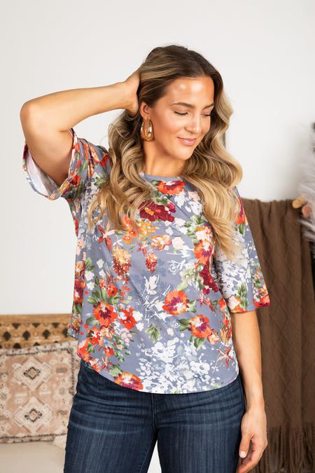 Grey Floral Short Sleeve Knit Top