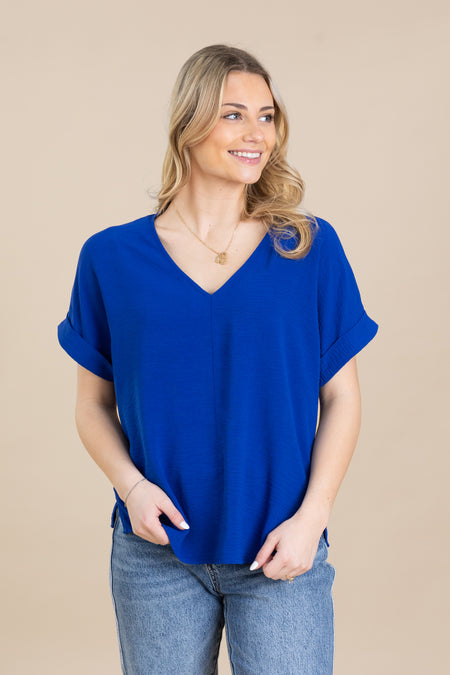 V-Neck Roll Up Woven Loose Fit Top