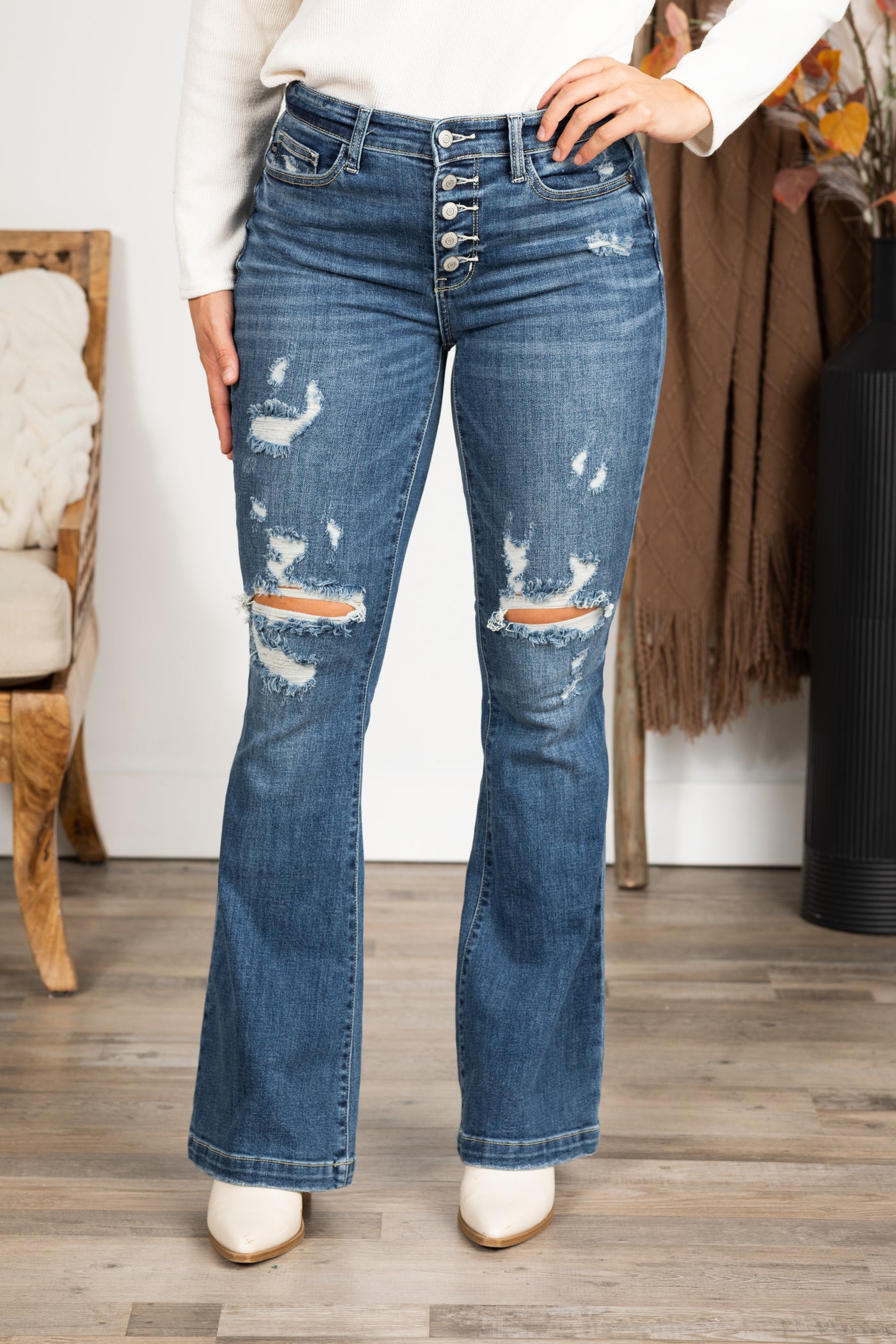 Judy Blue Mid Rise Distressed Flare Jeans