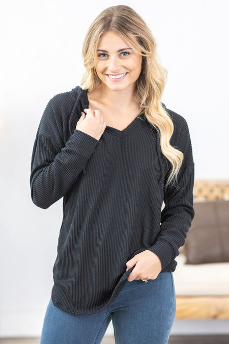 Ribbed V-Neck Hooded Long Sleeve Top