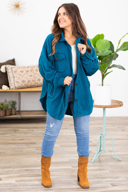 Teal Fleece Boyfriend Fit Shacket - Filly Flair