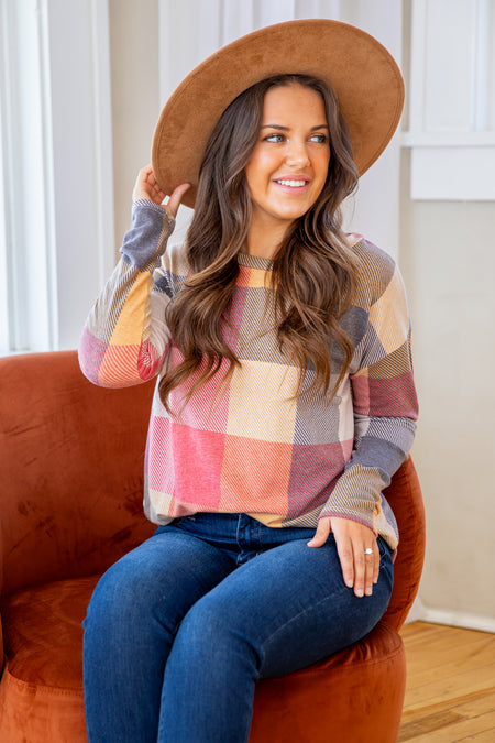 Wine and Cinnamon Plaid Long Sleeve Top