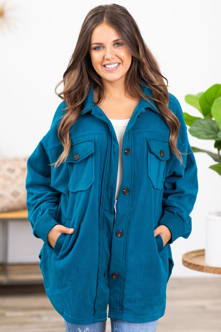 Teal Fleece Boyfriend Fit Shacket - Filly Flair