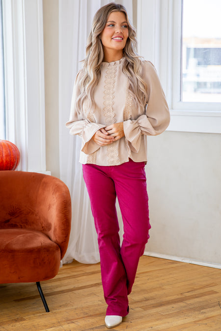 Beige Top With Ruffle Trim and Cuff