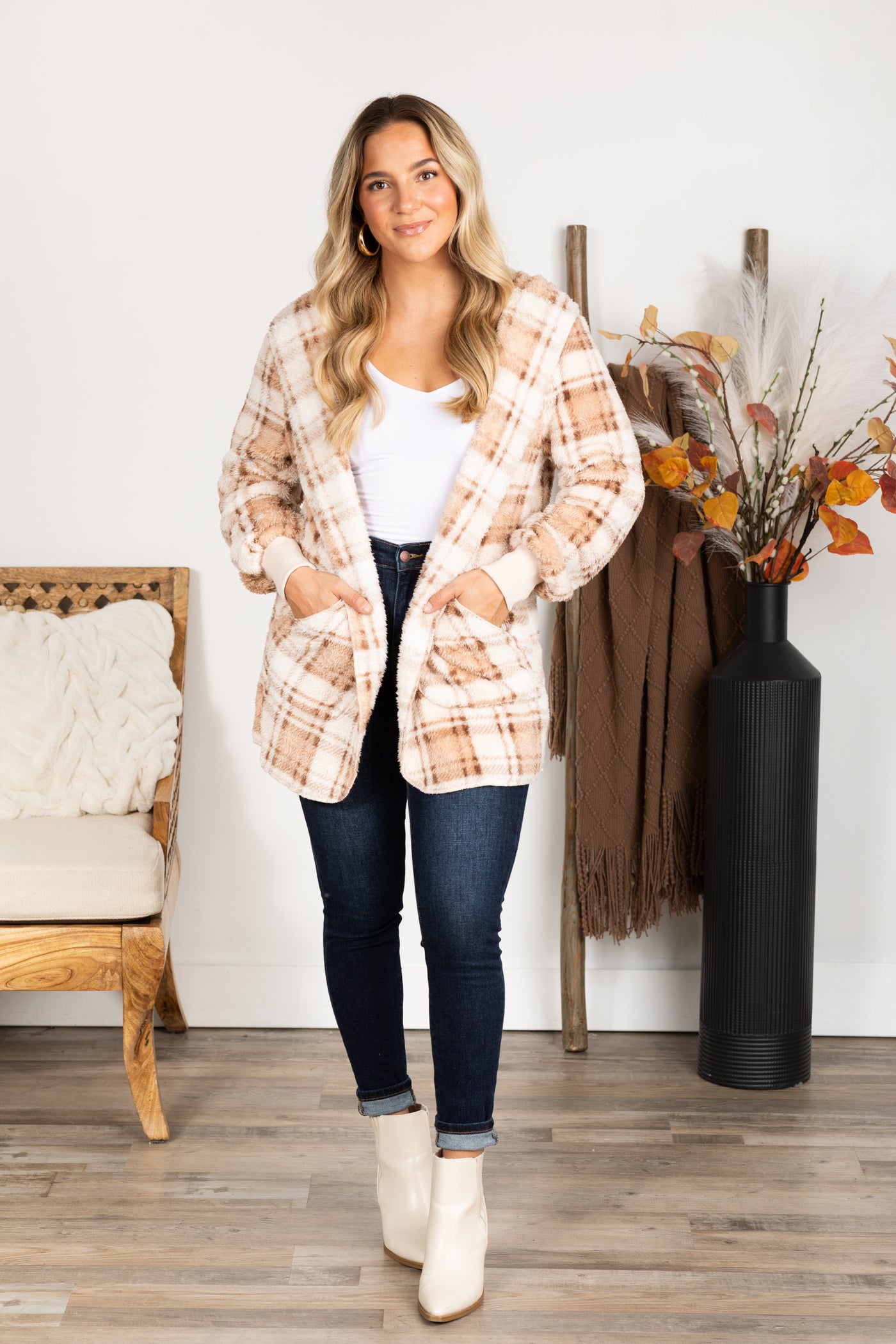 Mocha Mix Plaid Hooded Fur Cardigan