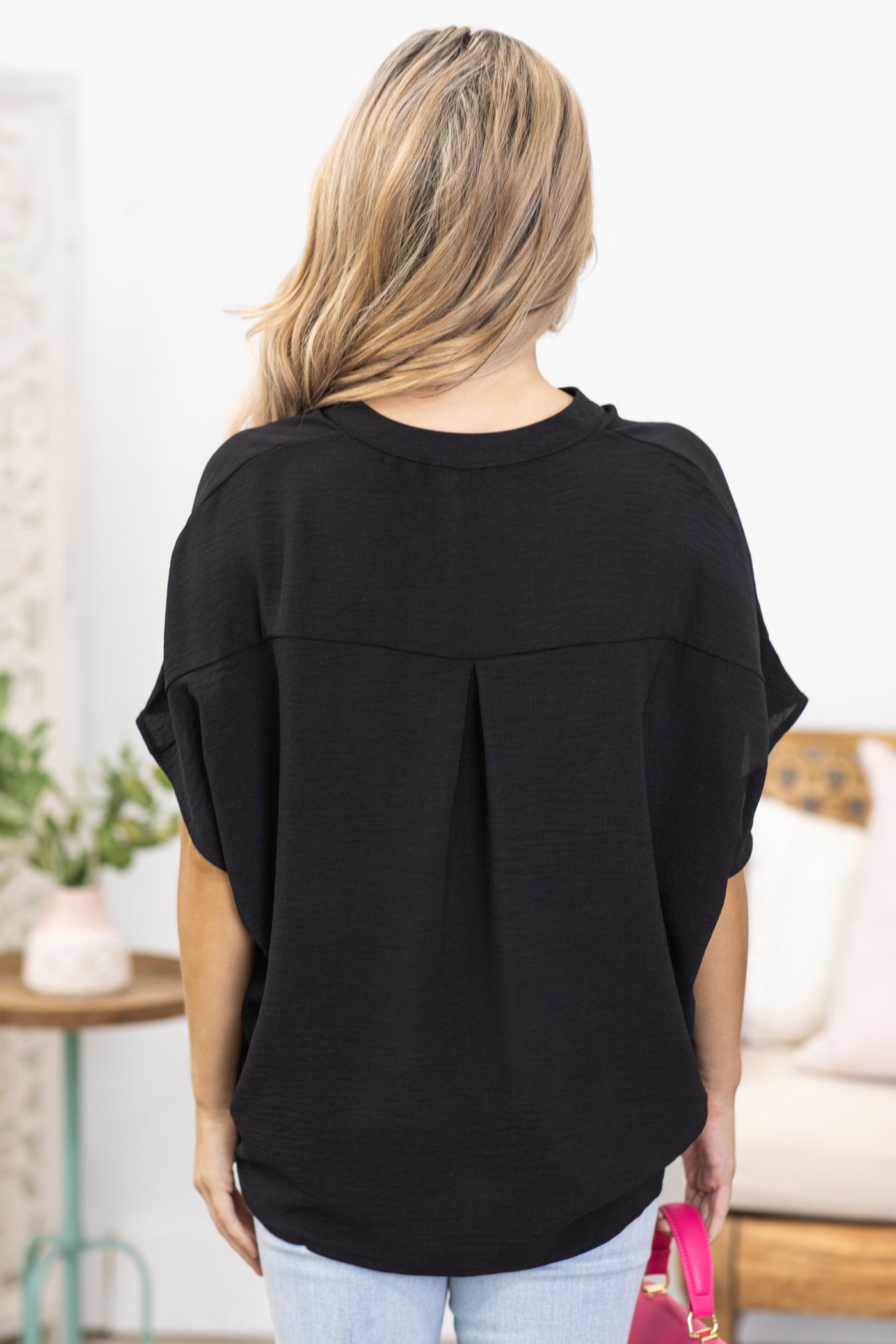 Black Notched V-Neck Woven Top