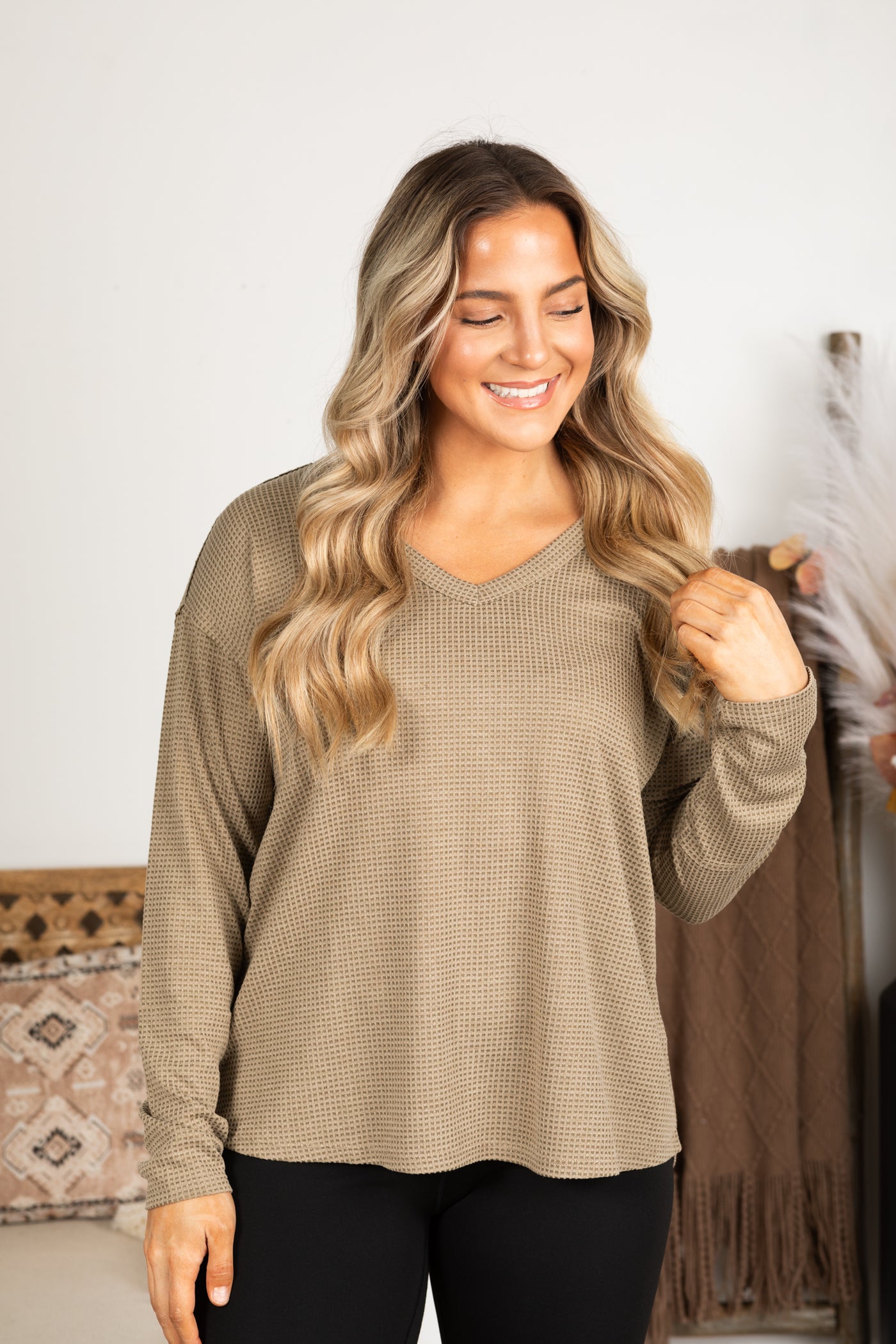 Waffle Knit Long Sleeve V-Neck Top