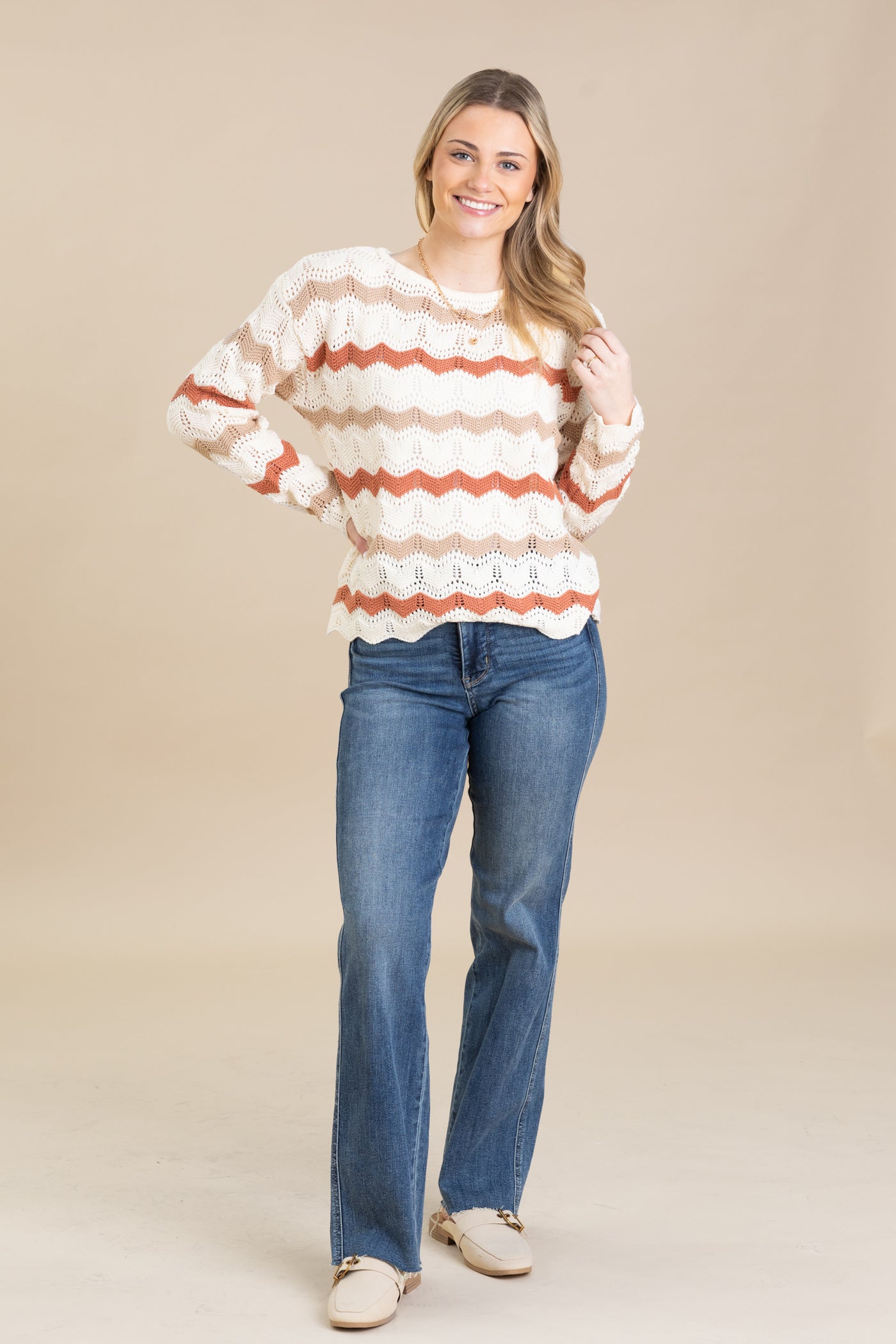 Lightweight Crochet Knit Wavy Striped Sweaters