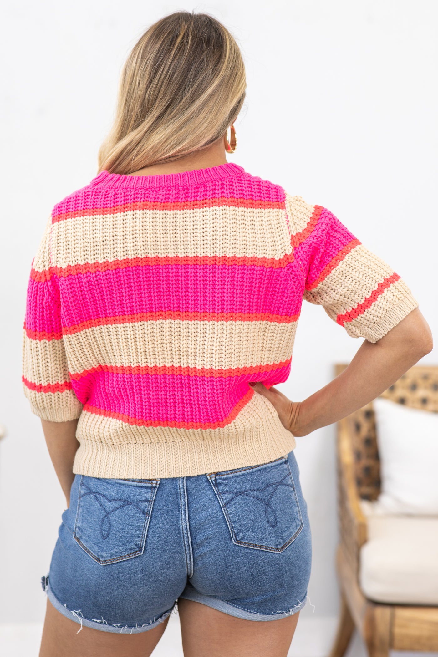 Hot Pink Stripe Colorblock Short Sleeve Sweater