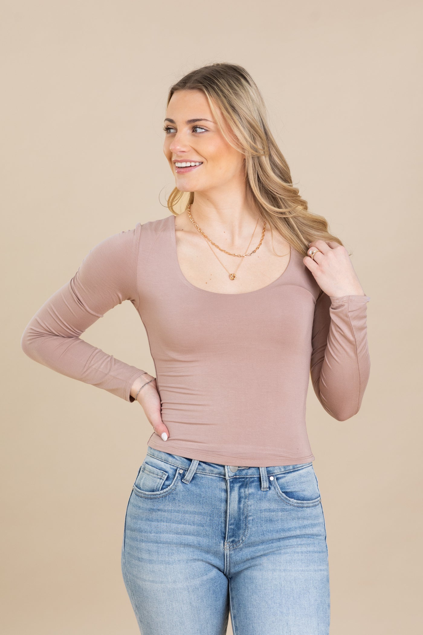 Double Layer Scoop Neck Long Sleeve Top