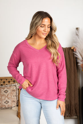 Waffle Knit Long Sleeve V-Neck Top