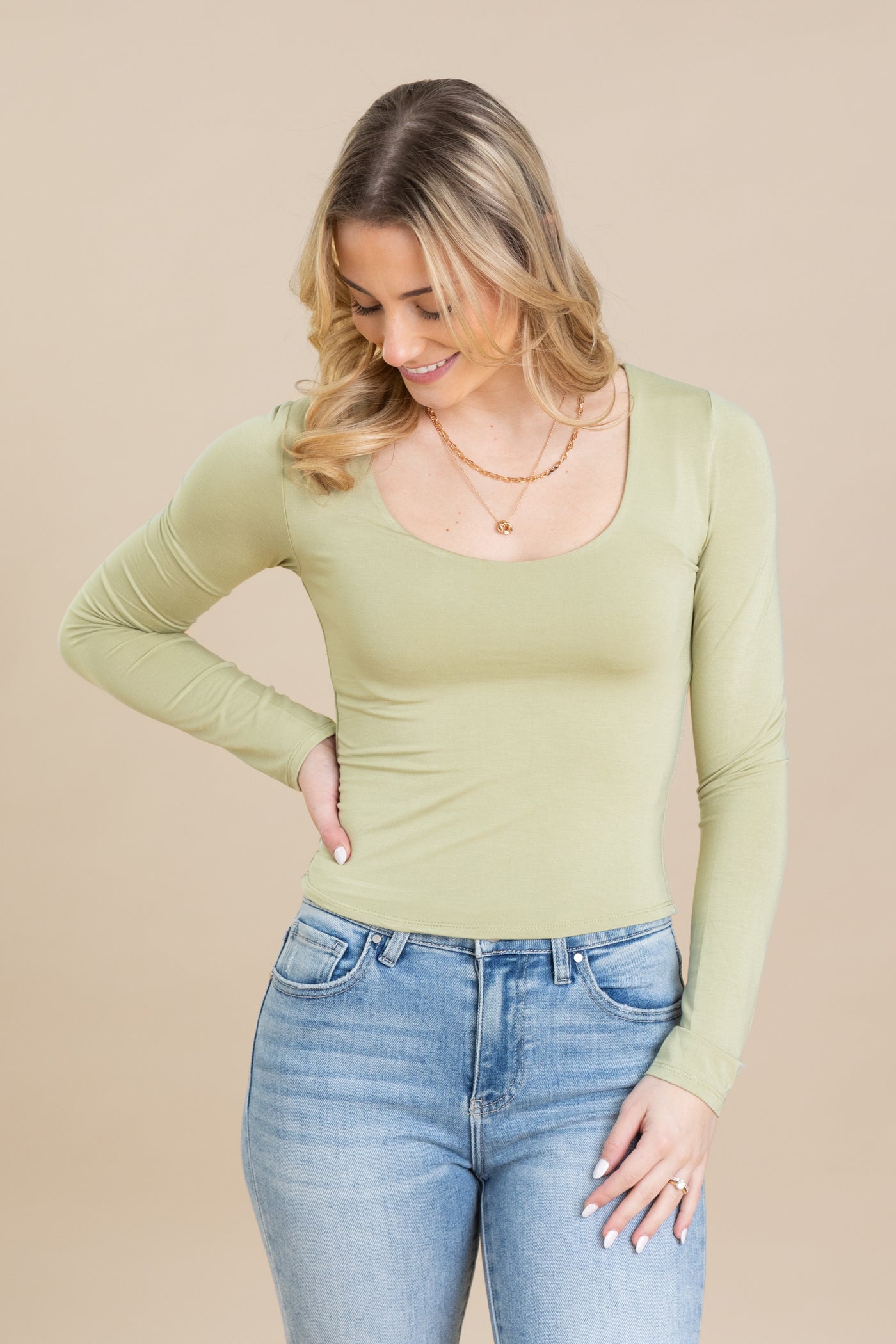 Double Layer Scoop Neck Long Sleeve Top