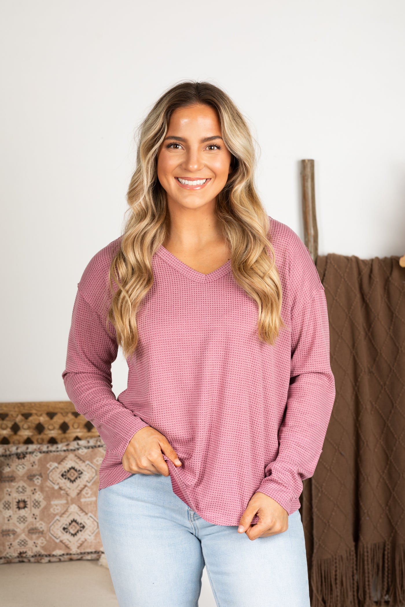 Waffle Knit Long Sleeve V-Neck Top