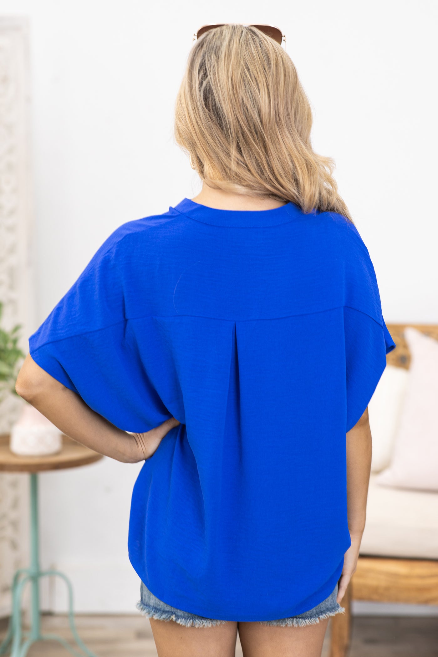 Cobalt Notched V-Neck Woven Top