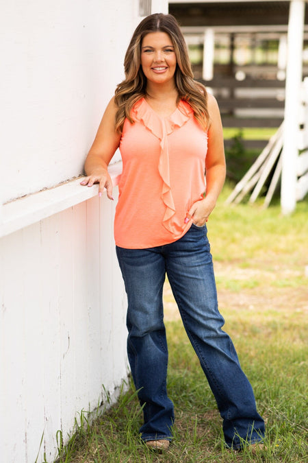 Neon Coral Tank With Front Ruffle Detail - Filly Flair