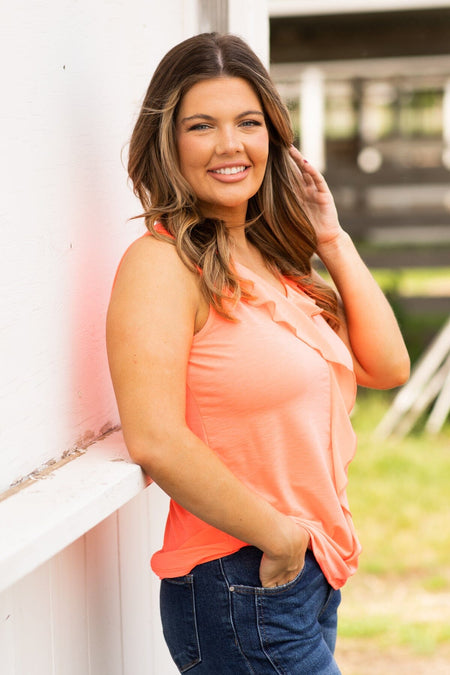 Neon Coral Tank With Front Ruffle Detail - Filly Flair