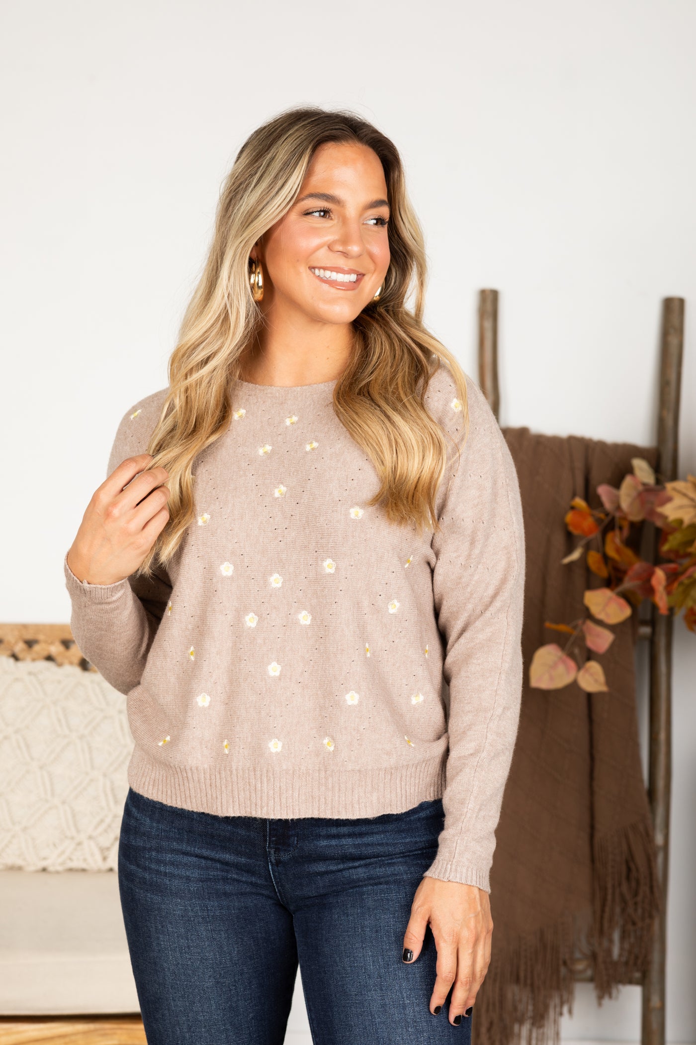 Mocha Daisy Embroidered Fine Gauge Sweater