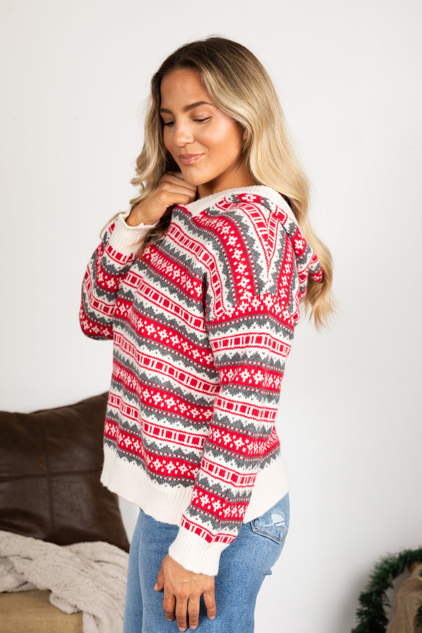 Red and Ivory Fair Isle Hoodie Sweater