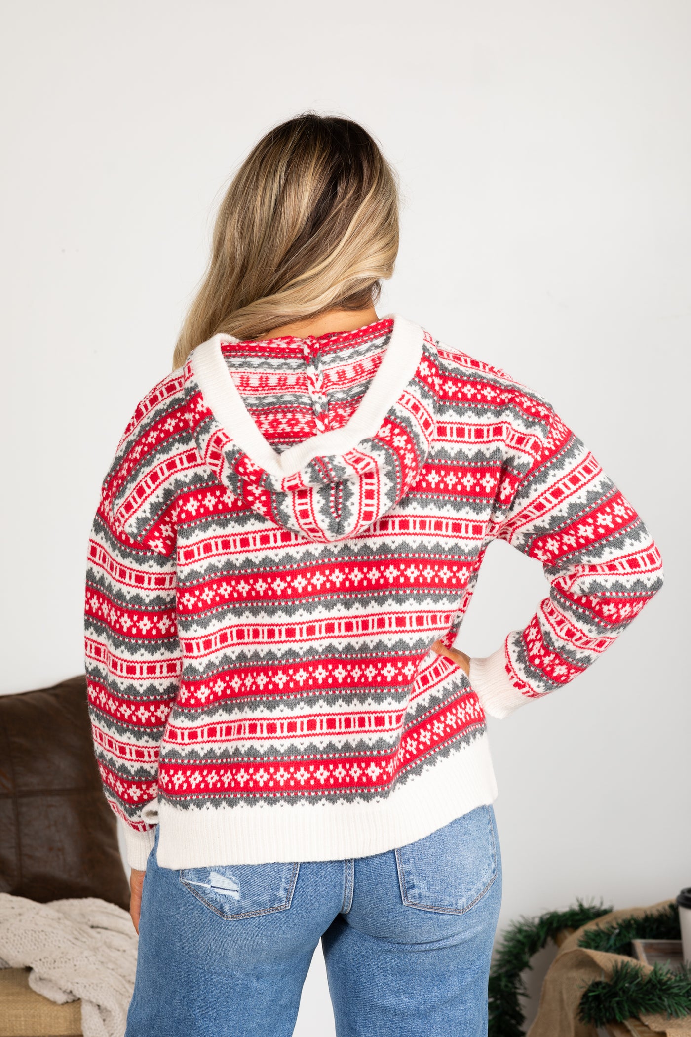 Red and Ivory Fair Isle Hoodie Sweater