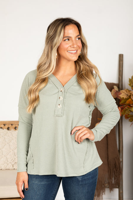 Raised Ribbed Button V-Neck Knit Top