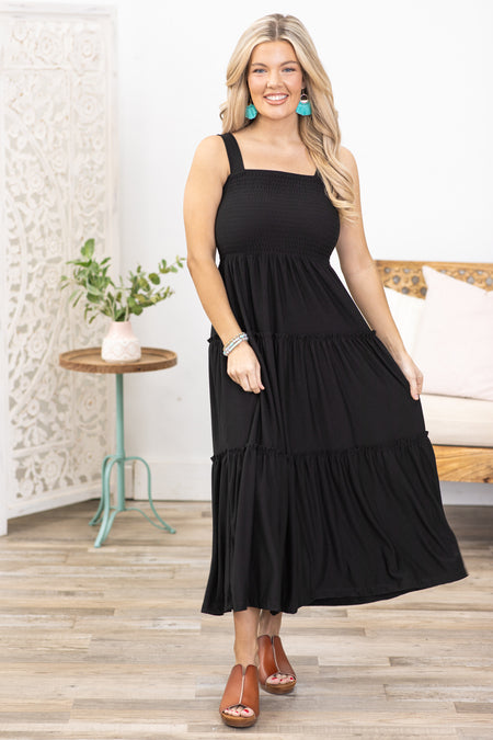 Black Smocked Bodice Midi Dress