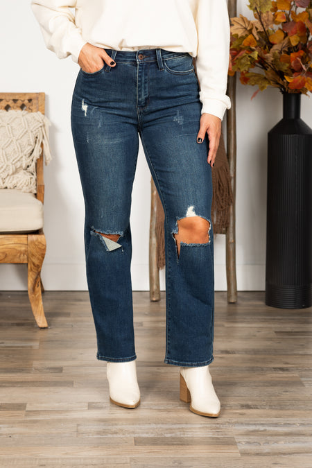 Judy Blue Dark Wash Ripped Knee Dad Jean