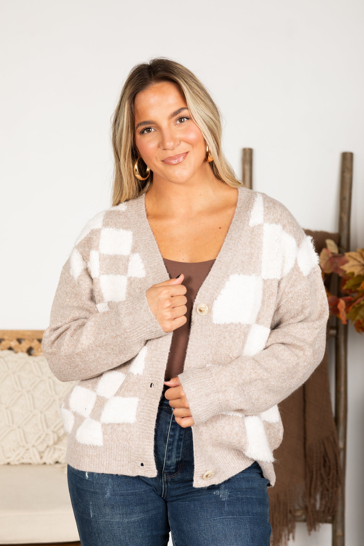 Puff Checker Sweater Button Up Cardigan