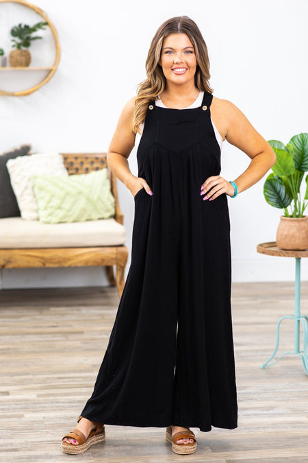 Black Wide Leg Overalls With Pockets - Filly Flair