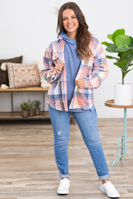 Dusty Blue and Coral Plaid Shacket - Filly Flair