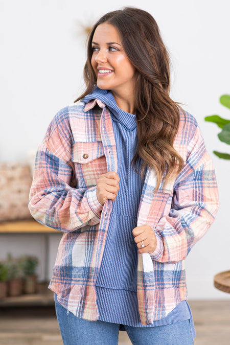 Dusty Blue and Coral Plaid Shacket - Filly Flair