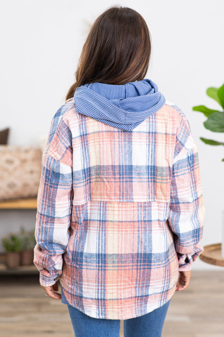 Dusty Blue and Coral Plaid Shacket - Filly Flair