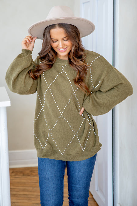 Olive Pearl Beaded Sweater