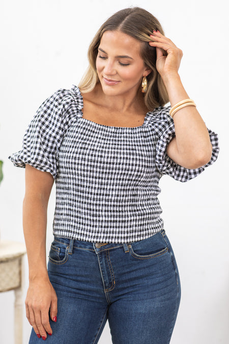 Black and White Plaid Puff Sleeve Woven Top