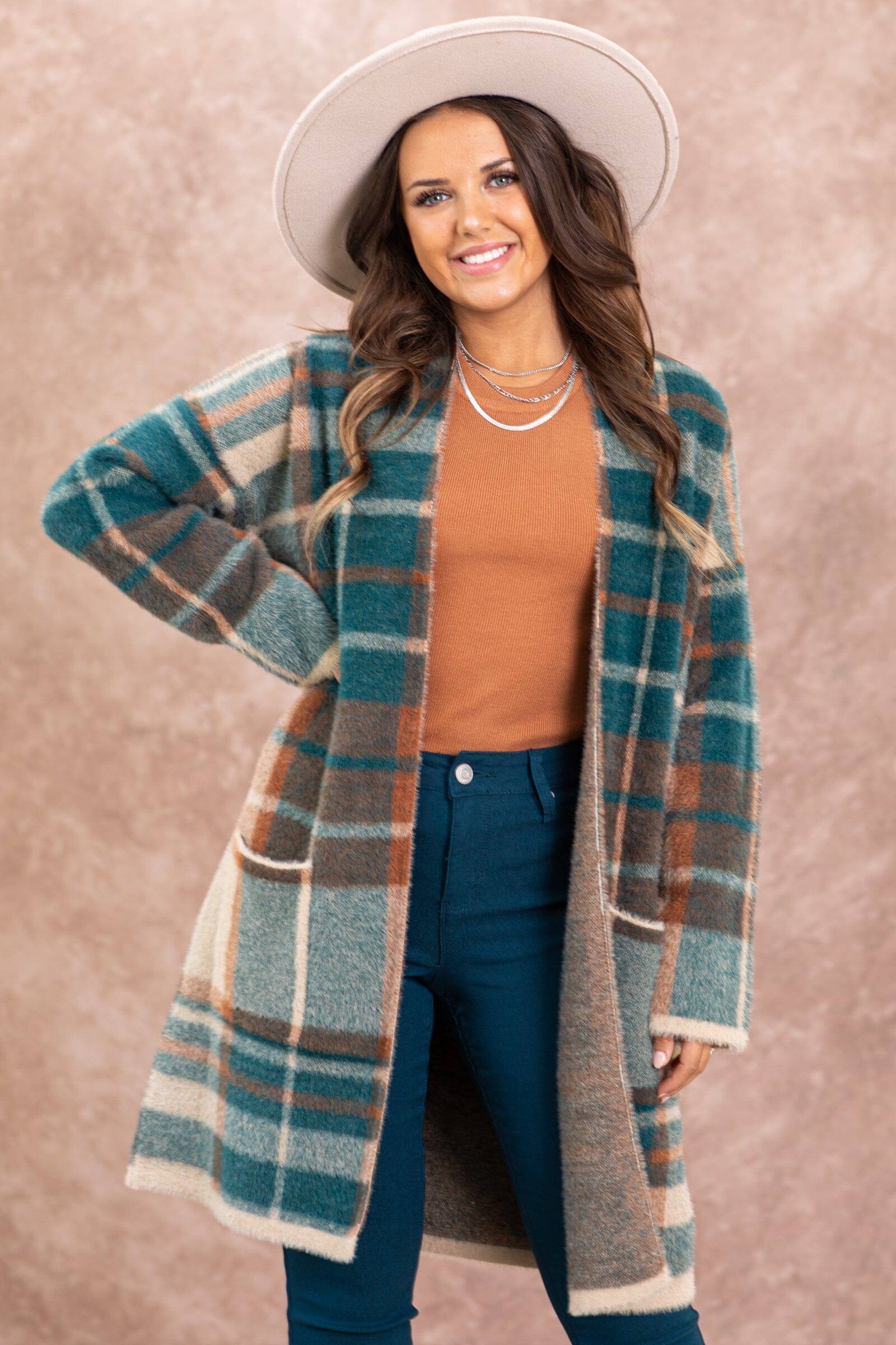 Teal and Cognac Plaid Cardigan With Pockets · Filly Flair