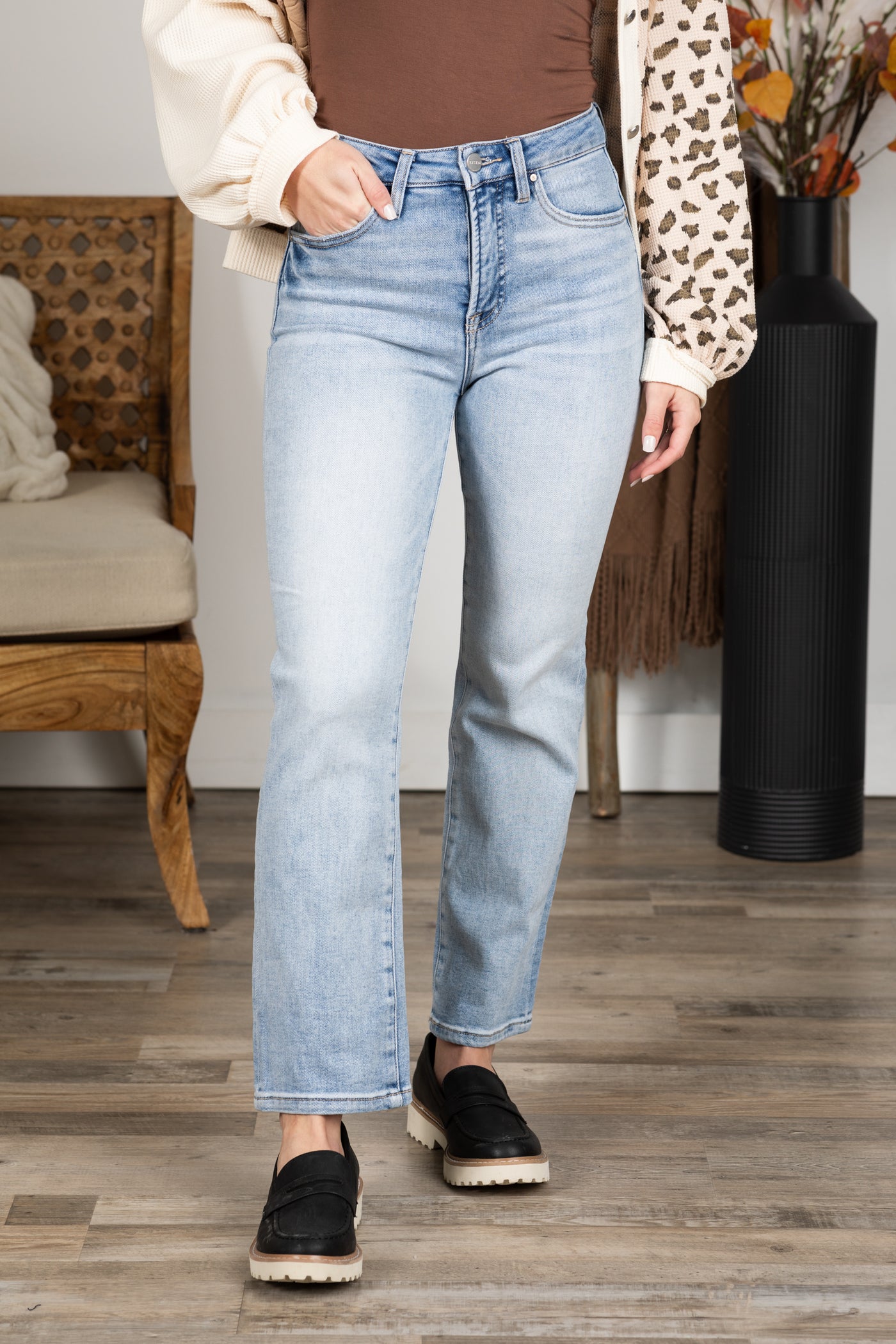 Risen Tummy Control Light Wash Crop Jeans