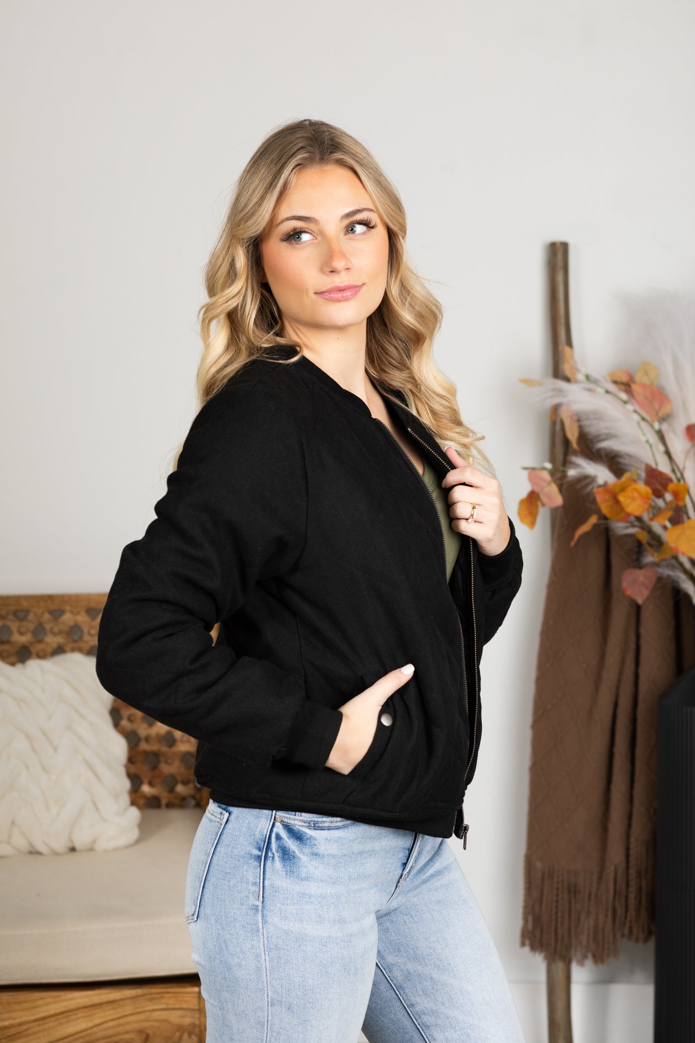 Black Quilted Bomber Jacket